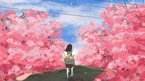 樱花节春天夏至唯美樱花与少女自行车天空