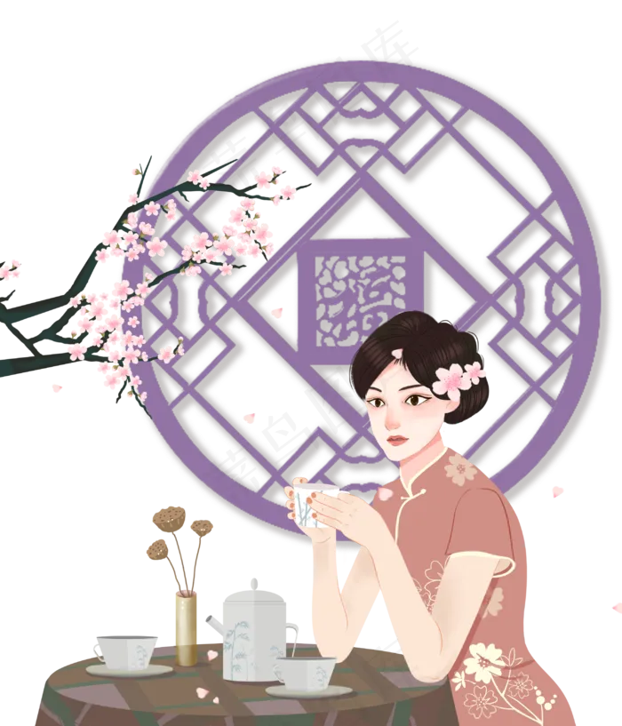 复古旗袍女子婉约小窗,免抠元素(3000*3500px 300 dpi )psd模版下载