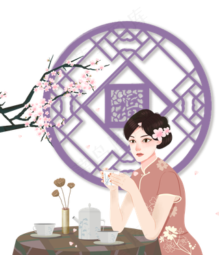 复古旗袍女子婉约小窗,免抠元素
