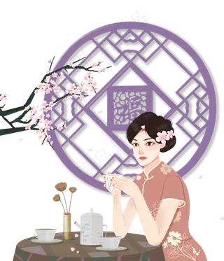 复古旗袍女子婉约小窗,免抠元素