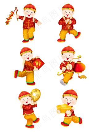 卡通可爱元旦春节新年福气福娃装,免抠元素