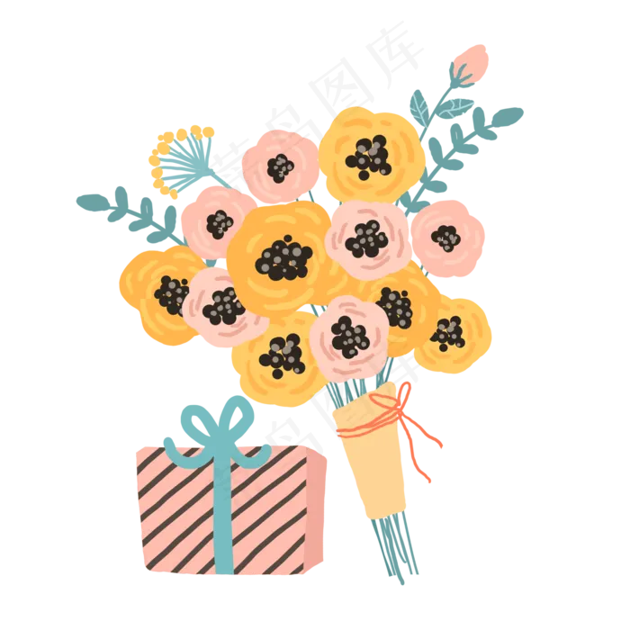 手绘黄色系花束和礼盒PNG免抠素材(2000*2000px 300 dpi )psd模版下载