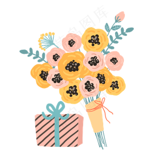 手绘黄色系花束和礼盒PNG免抠素材