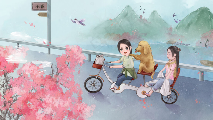 二十四节气春季游玩踏青桃花柳绿风景(2880X1620(DPI:300))psd模版下载