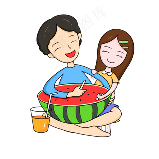 父女吃西瓜卡通免扣