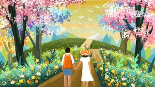 春天情侣风景手绘