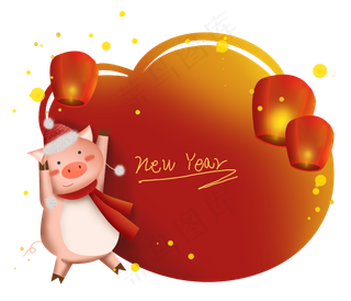 2019猪年红色孔明灯文字框,免抠元素