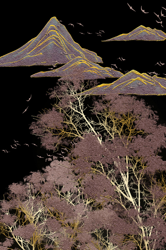 珐琅彩枫树黑色新中式装饰画(800*3584px 150 dpi )psd模版下载