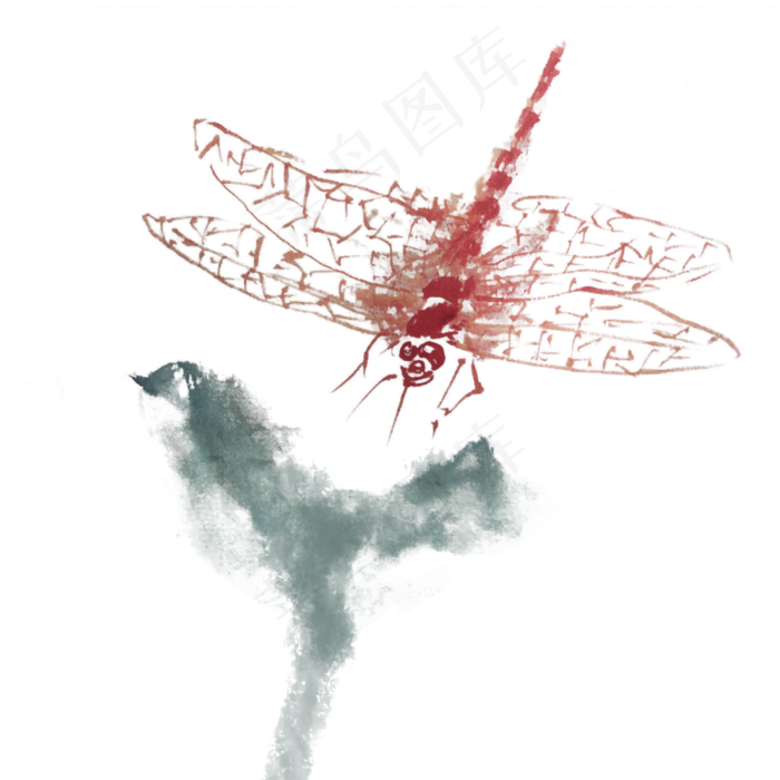 水墨蜻蜓立在荷叶上手绘插画,免抠元素