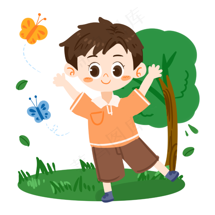 儿童节卡通男孩与蝴蝶玩耍PNG