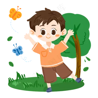 儿童节卡通男孩与蝴蝶玩耍PNG