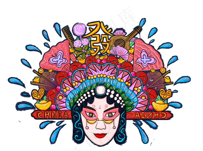 国潮京剧卡通中国风风格,免抠元素(1737*1296px 300 dpi )psd模版下载
