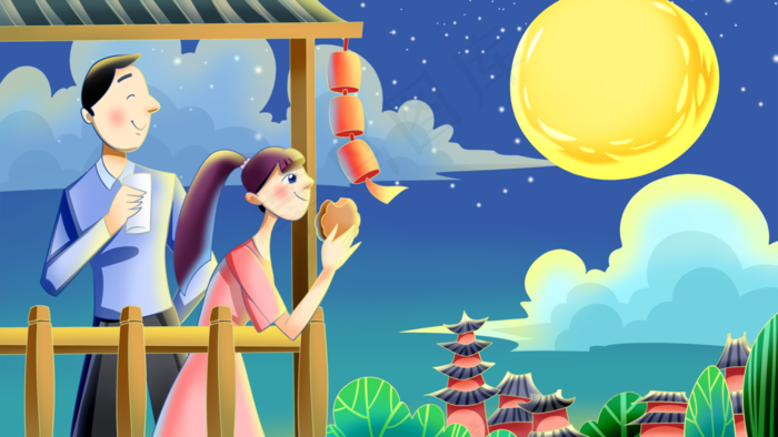 中秋节观月夜晚手绘插画