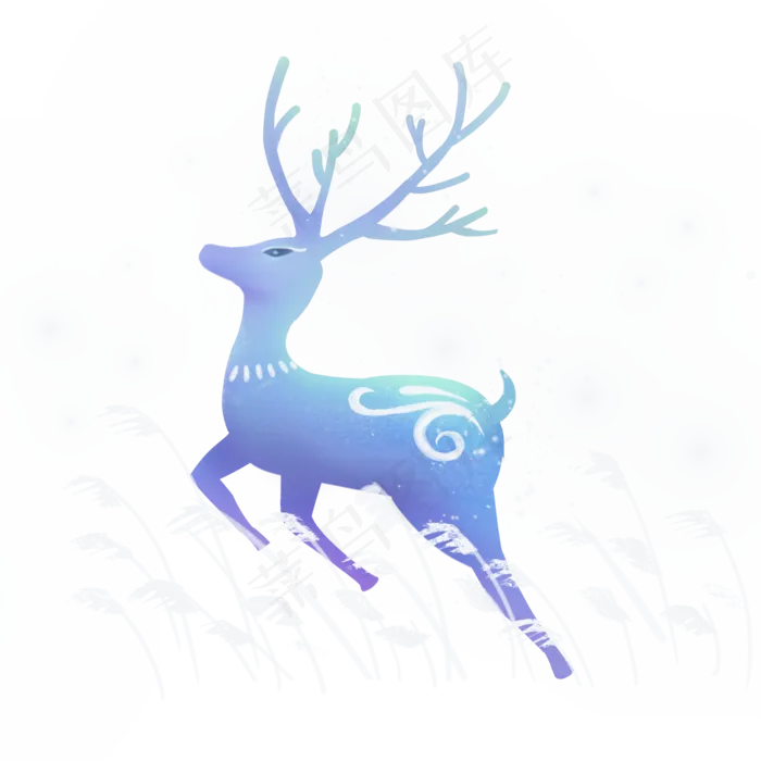 梦幻动物蓝色草丛中奔跑的小鹿,免抠元素(2000*2000px 300 dpi )psd模版下载