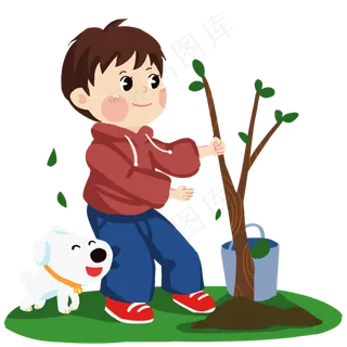 植树节可爱男孩和小狗户外种树