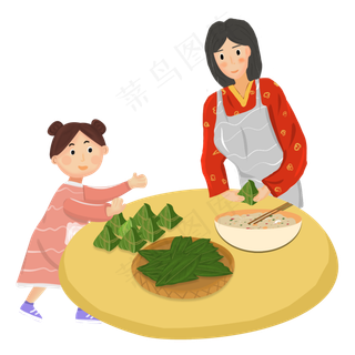 端午节包粽子的妇女和女孩