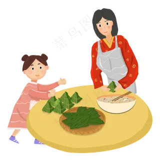 端午节包粽子的妇女和女孩