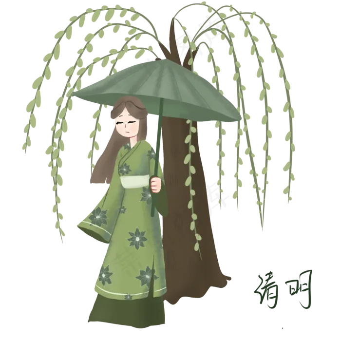 清明古风女孩柳下撑伞(2000X2000(DPI:300))psd模版下载
