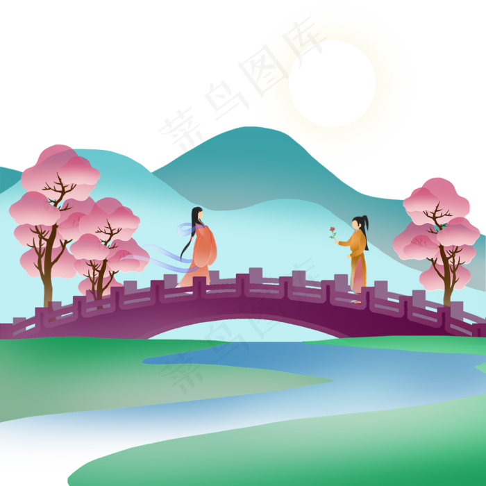 剪纸风古桥七夕情侣约会,免抠元素