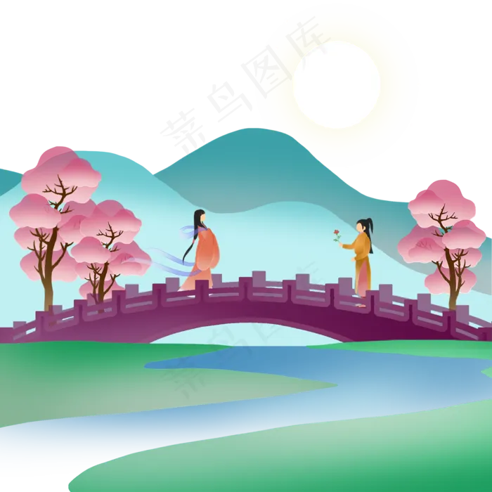 剪纸风古桥七夕情侣约会,免抠元素(2000*2000px 300 dpi )psd模版下载