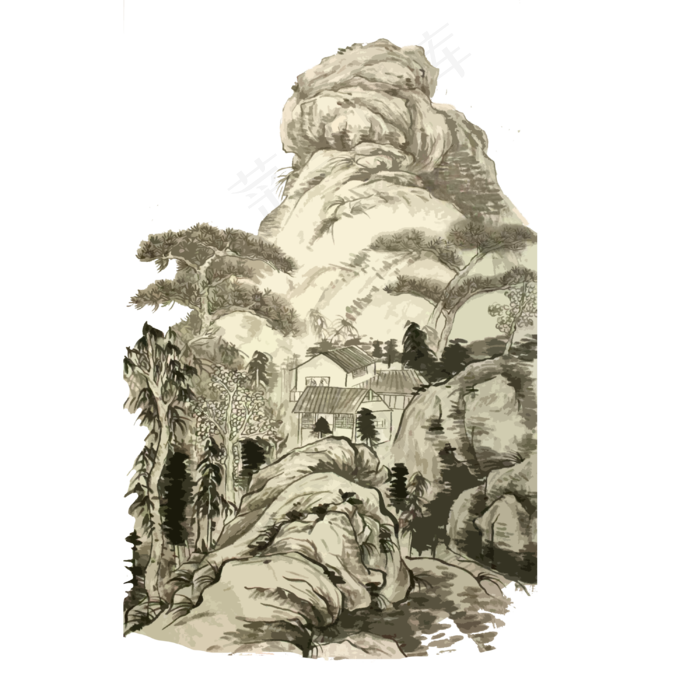 古典水墨山水山石中国黑白国画P(3000X3000(DPI:300))psd模版下载
