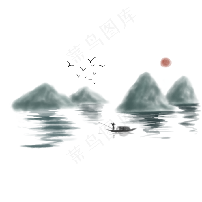 渔夫日出江上划船(2000X2000(DPI:300))psd模版下载