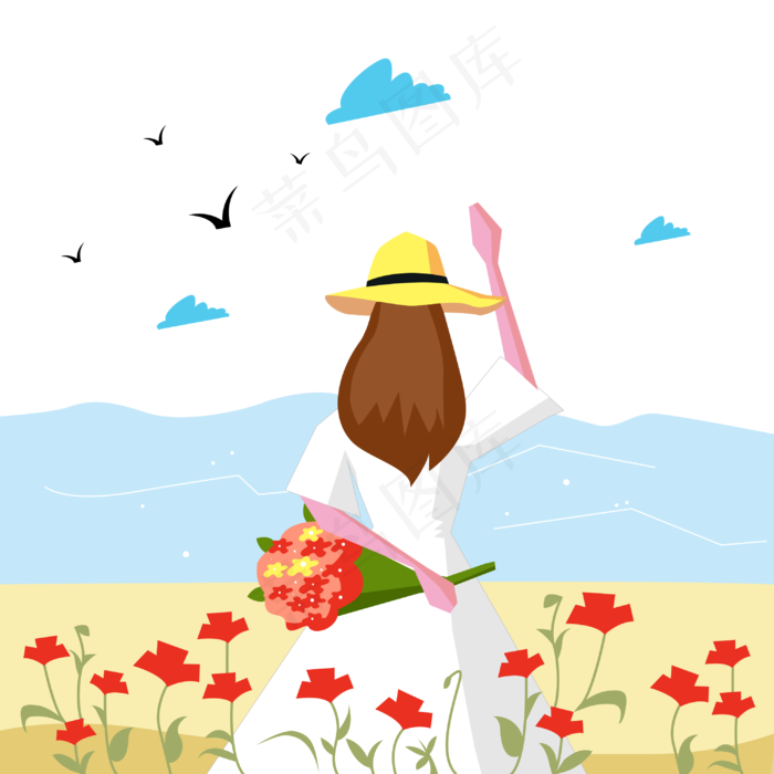 少女手拿鲜花面向大海(3000X3000(DPI:300))psd模版下载