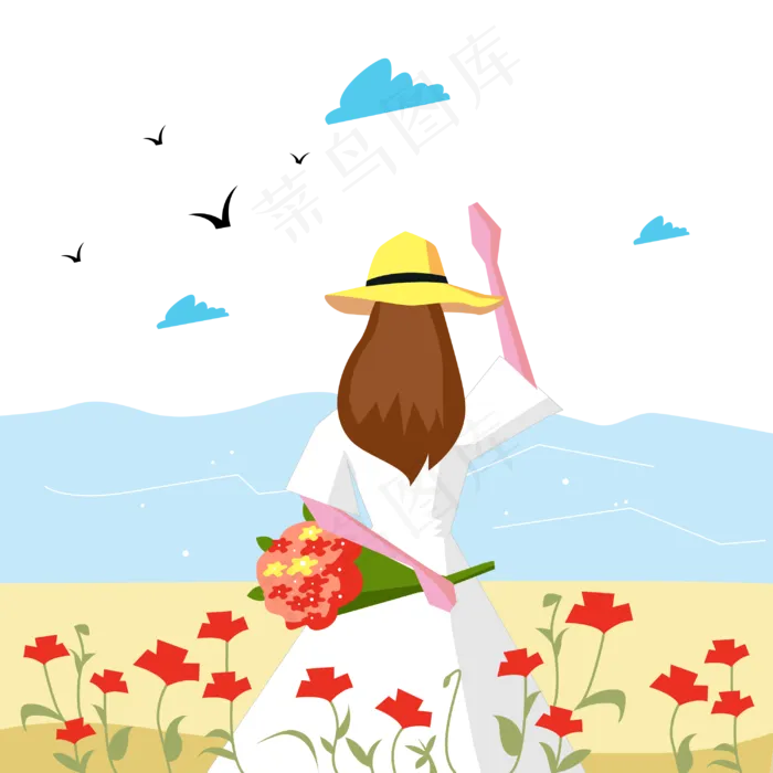 少女手拿鲜花面向大海