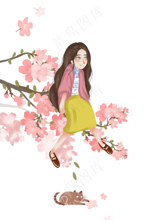 坐在樱花树上的女孩,免抠元素