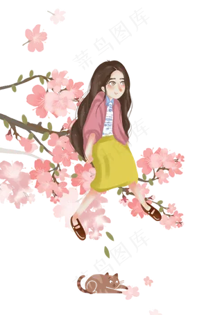 坐在樱花树上的女孩,免抠元素