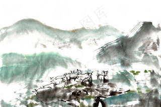 山谷风景水墨画PNG免抠素材