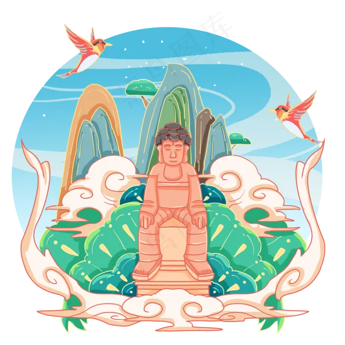 古风国潮乐山大佛成都,免抠元素(2000*2000px 300 dpi )psd模版下载