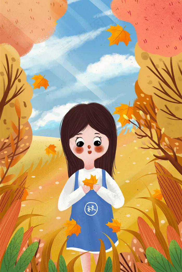 秋天立秋节气女孩摘枫叶