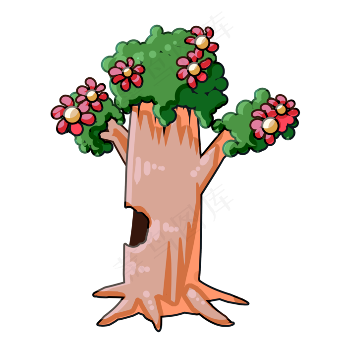 红色小花树木插画