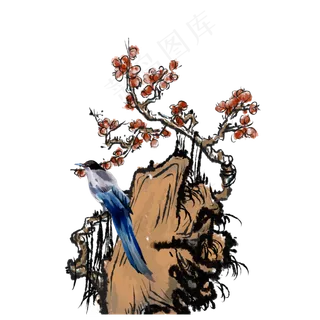 山石红梅蓝色鸟花鸟水墨文人PNG,免抠元素