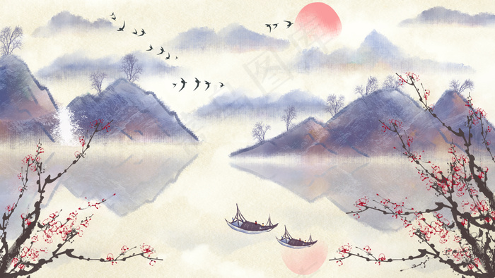 中国水墨风山川河流风景配图