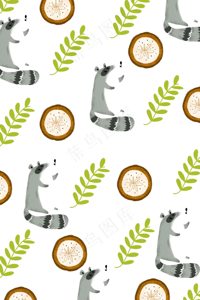 可爱印花夏日动物小浣熊底纹,免抠元素(3543X5315(DPI:200))psd模版下载