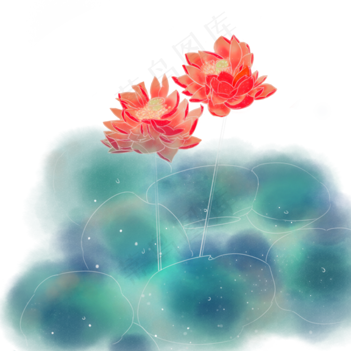 中国风水彩手绘荷花红色(2000X2000(DPI:300))psd模版下载