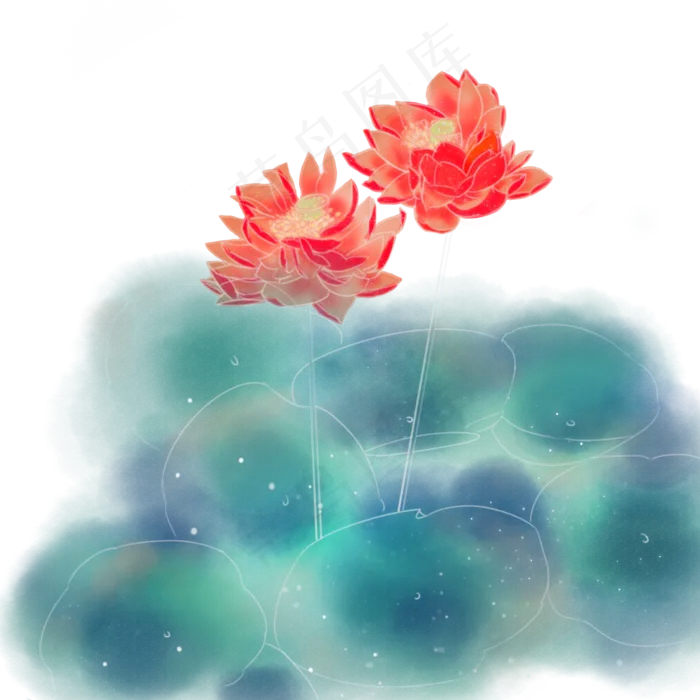中国风水彩手绘荷花红色(2000X2000(DPI:300))psd模版下载