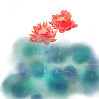 中国风水彩手绘荷花红色