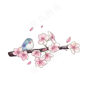 樱花粉色花瓣麻雀蓝色花枝唯美P