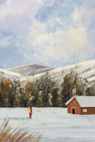 立冬节气主题杉树房屋风景