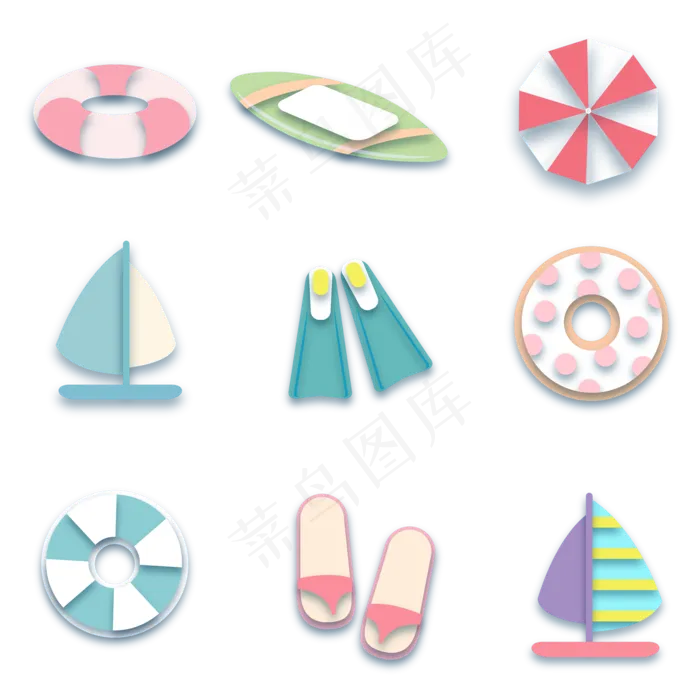 夏日沙滩剪纸风图标(2000*2000px 300 dpi )ai矢量模版下载