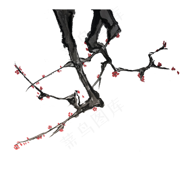 中国水墨红梅俊秀新春PNG(3000X3000(DPI:300))psd模版下载