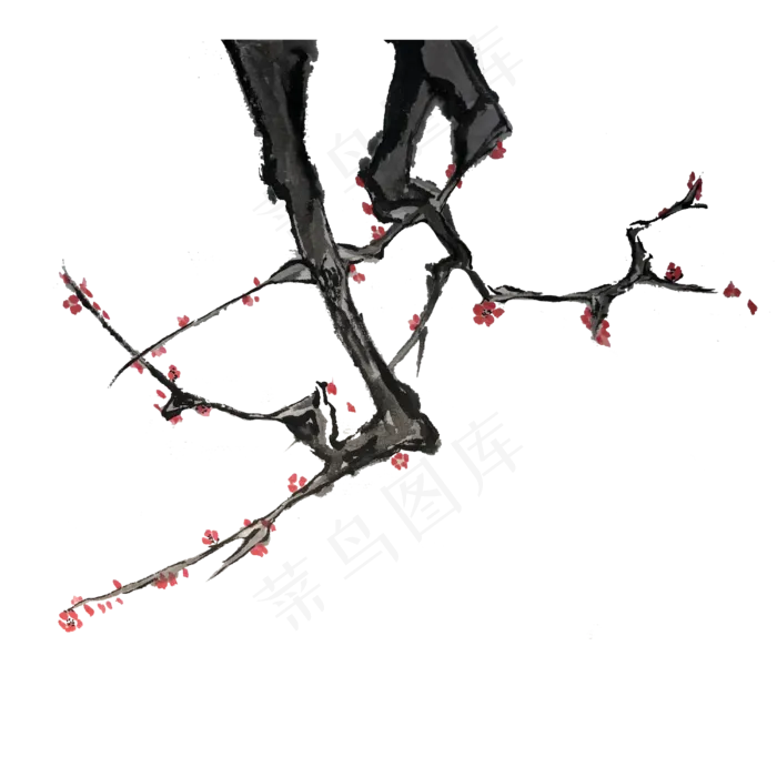 中国水墨红梅俊秀新春PNG(3000X3000(DPI:300))psd模版下载
