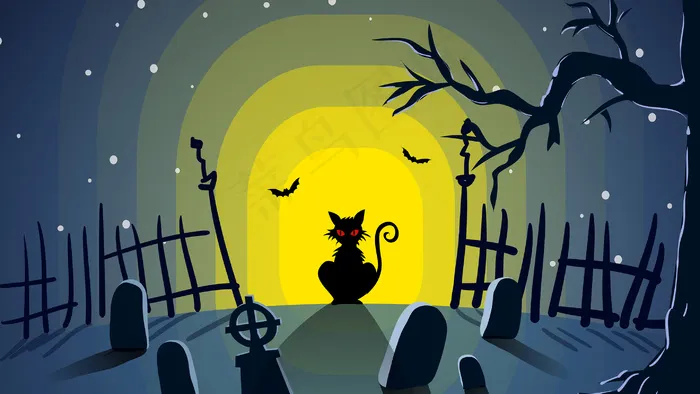 夜晚墓地里的黑猫