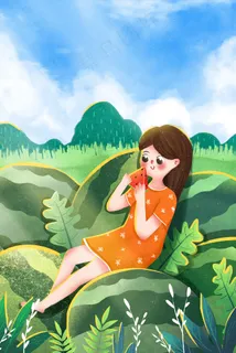 夏天大暑节气女孩吃西瓜