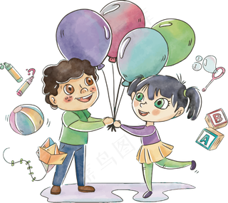 水彩画欢度六一的孩子免抠元素