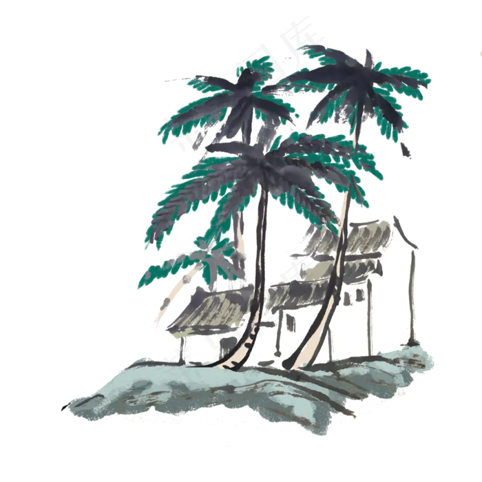 椰树海滩手绘装饰图案(4000X4000(DPI:300))psd模版下载