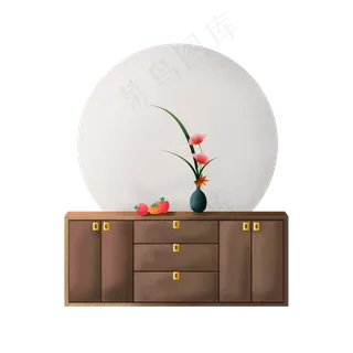 禅意手绘矮柜插花和水果植物可商,免抠元素
